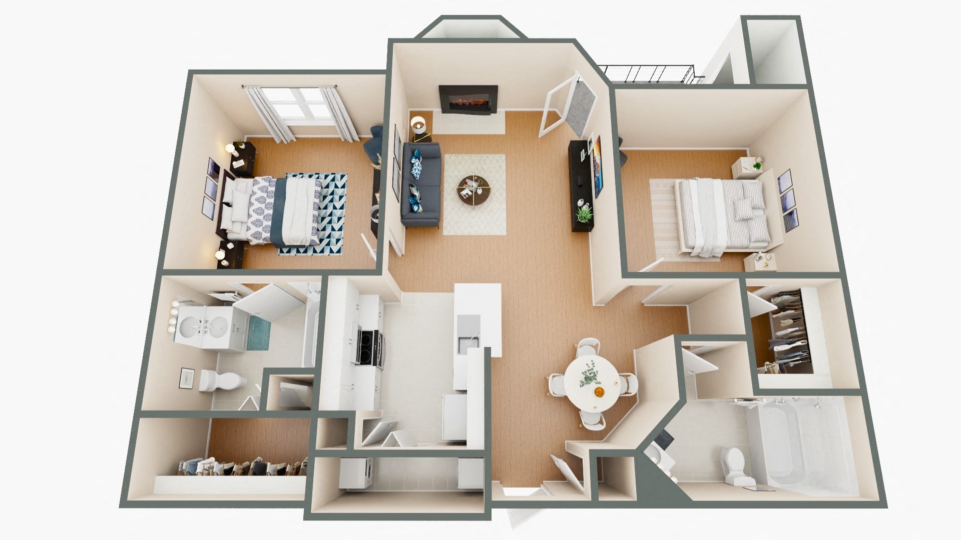 A 3D floor plan of a house showing the layout of the rooms.
