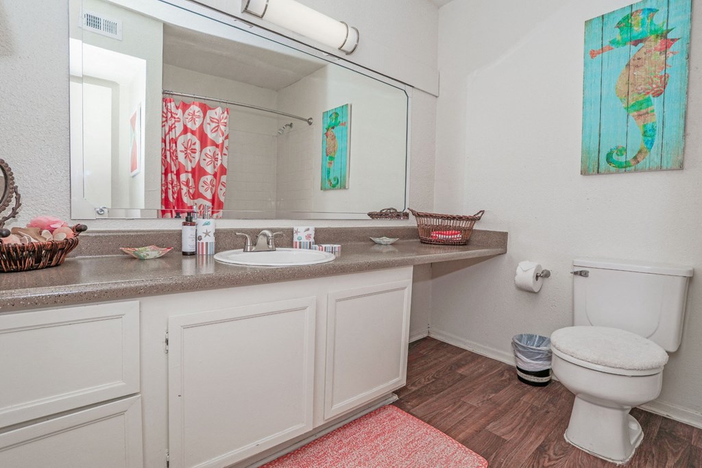 A bathroom with a white toilet and a large vanity with a mirror above it at Laurel Parc apartments in Shreveport, LA.