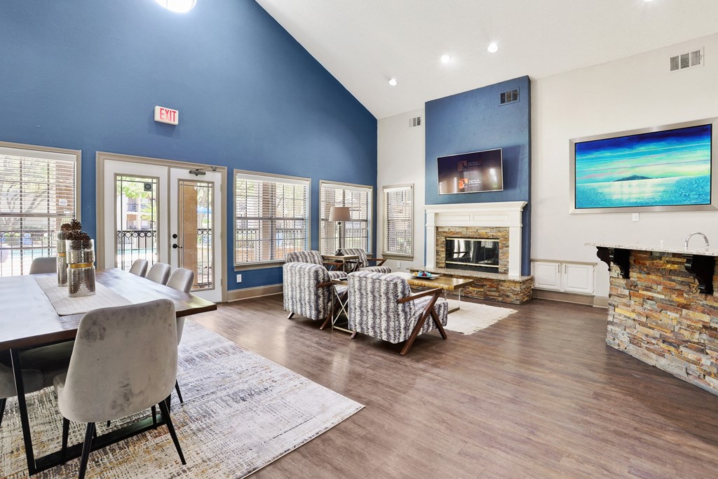 the reserve at bucklin hill clubhouse with fireplace and tv