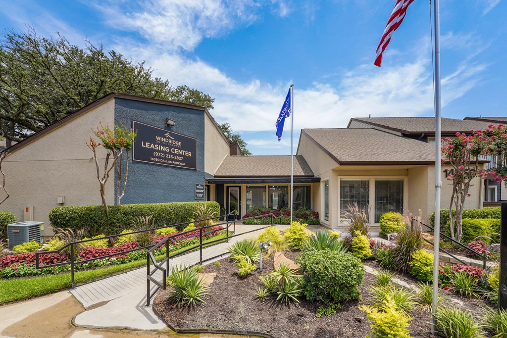 The front of the leasing office at Windridge on the Parkway apartments in Dallas, TX