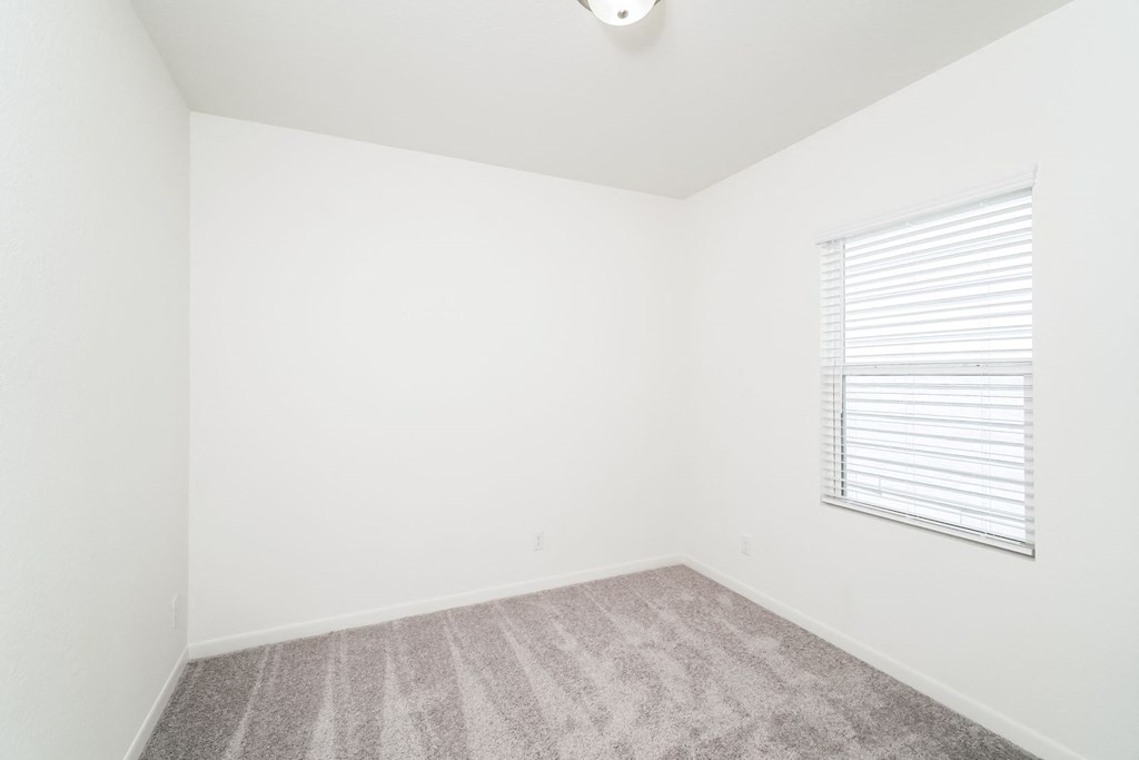 a bedroom with natural light from a window and carpet floor