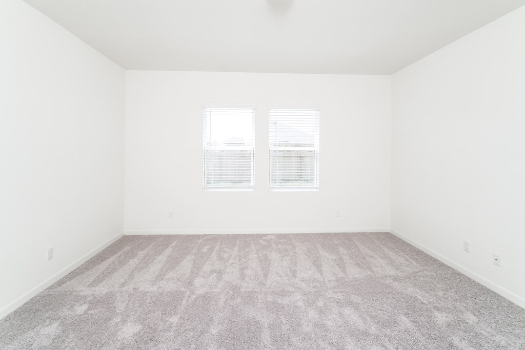 bright bedroom with a carpeted floor and two windows