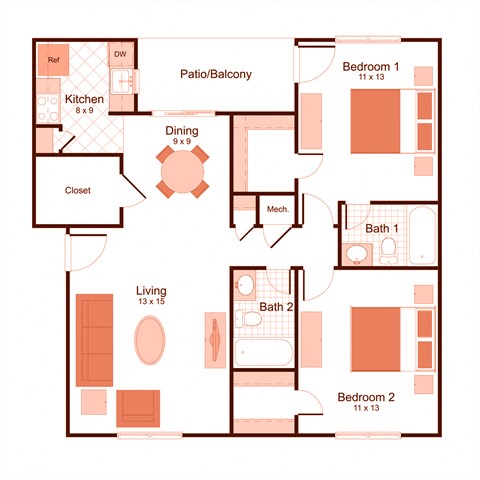 Barcelona Floor Plan is a 2 bedroom, 2 bathroom apartment at Magnolia Apartments in Shreveport, Louisiana, LA