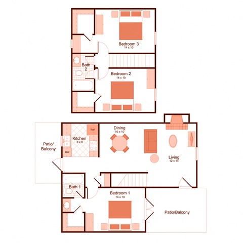 3 bedroom, two bathroom townhome floor plan at Magnolia Apartments in Shreveport, Louisiana, LA
