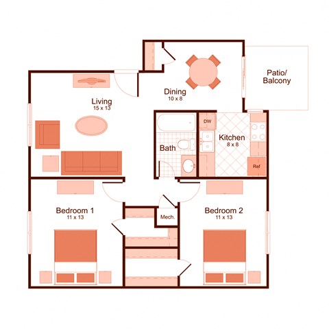 2 bedroom, 1 bathroom floor plan at Magnolia Apartments in Shreveport, Louisiana, LA
