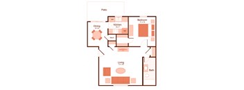 1 bedroom, 1 bathroom floor plan at Magnolia Apartments in Shreveport, Louisiana, LA