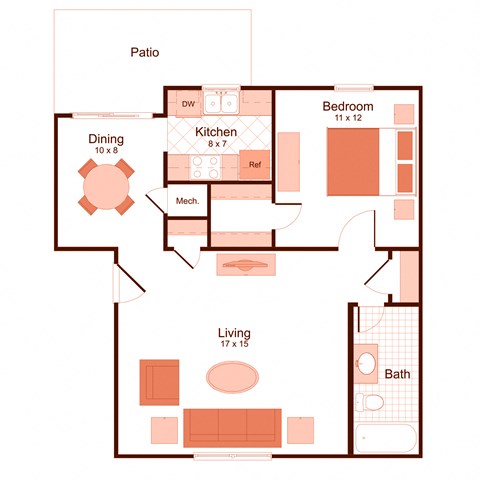 1 bedroom, 1 bathroom floor plan at Magnolia Apartments in Shreveport, Louisiana, LA
