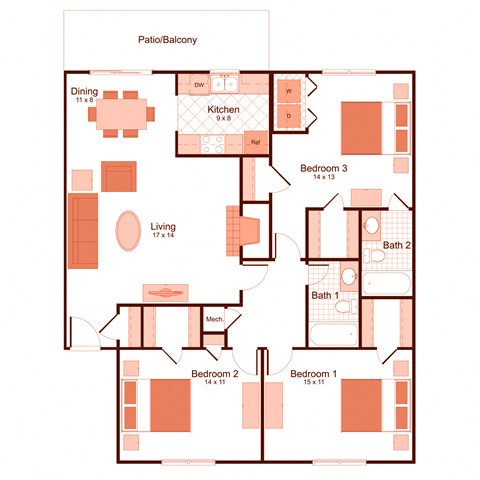 3 bedroom, 2 bathroom floor plan at Magnolia Apartments in Shreveport, Louisiana, LA