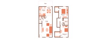 2 bedroom, 1.5 bathroom townhome floor plan at magnolia apartments in Shreveport, Louisiana, LA