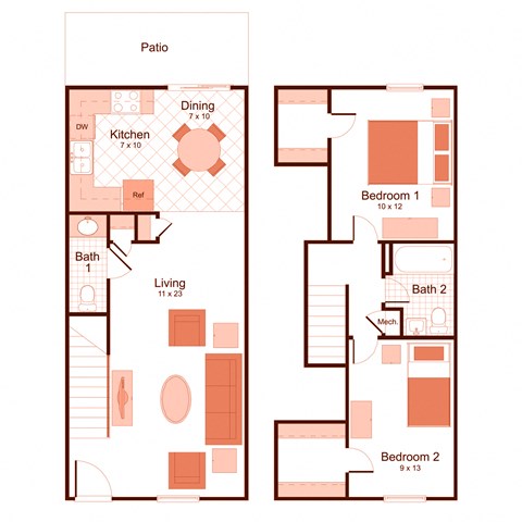 2 bedroom, 1.5 bathroom townhome floor plan at magnolia apartments in Shreveport, Louisiana, LA