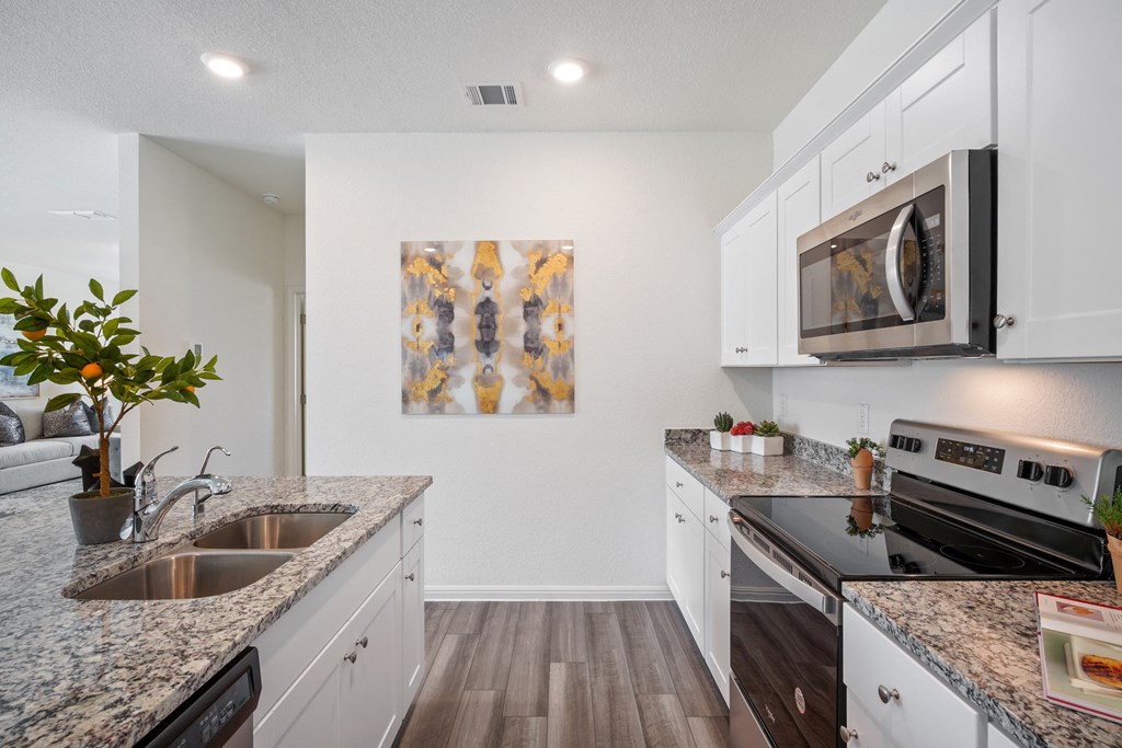 a kitchen with a painting on the wall and granite countertop
