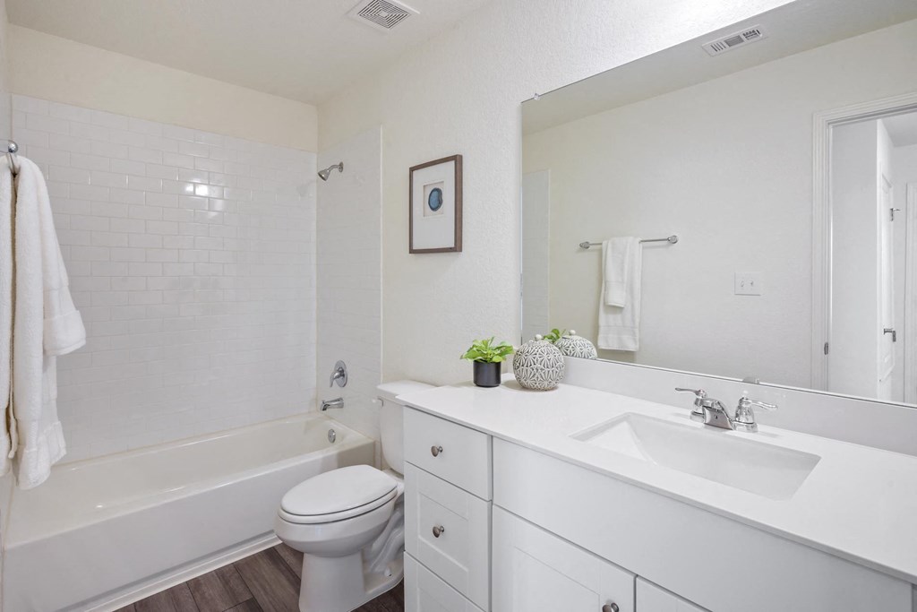 Maple bathroom with white vanity and cabinets, and tub at Beacon at Ashley River Landing in Summerville, SC