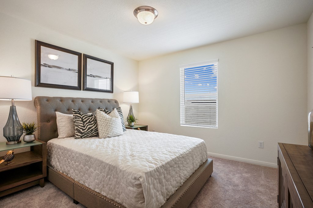 a bedroom with a large bed and a window