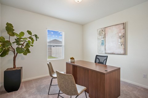 a home office with a window, a plant and study desk