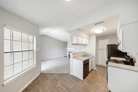a kitchen and living room in a 555 waverly unit