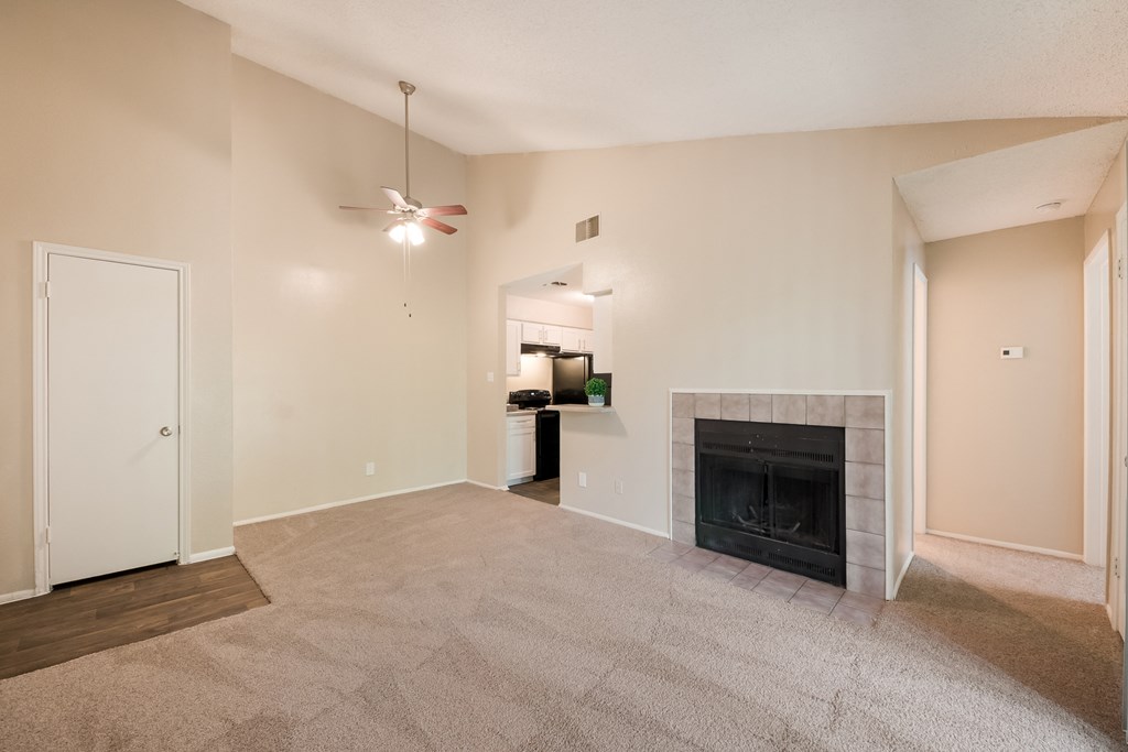 Model Living Room with Fireplace at Vista Crossing Apartments in San Antonio, TX