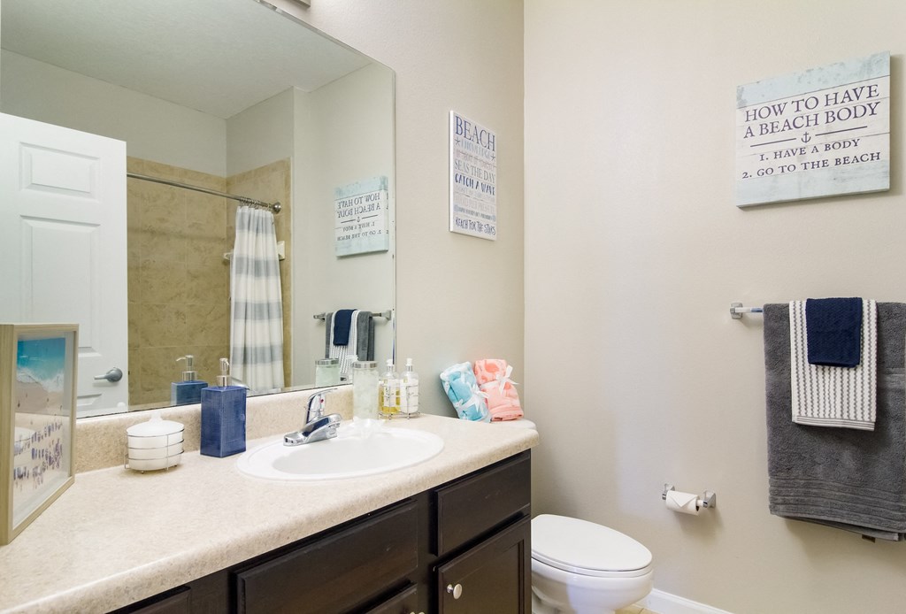 a bathroom with a sink toilet and mirror