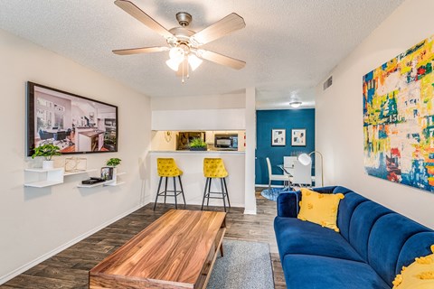 Model Living Room and Dining Area at The Park on Preston in Dallas, Texas, TX