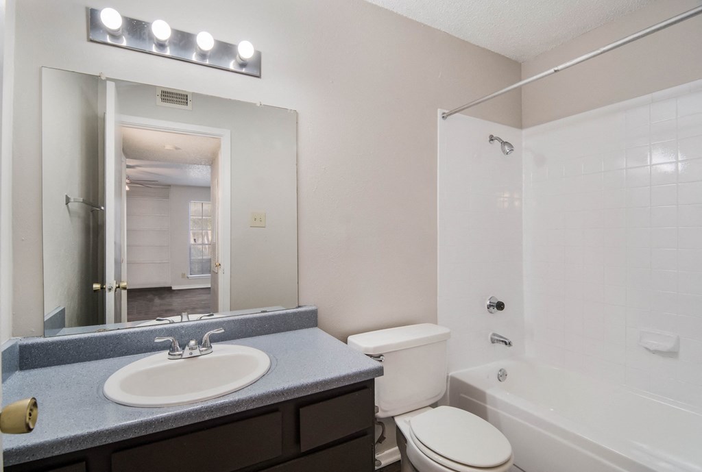 the preserve at ballantyne commons apartment bathroom with sink toilet and shower