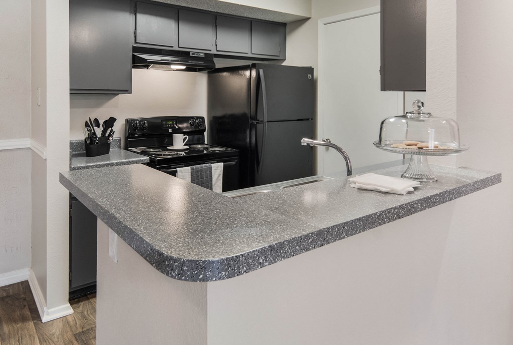 a kitchen with a granite counter top and a black refrigerator