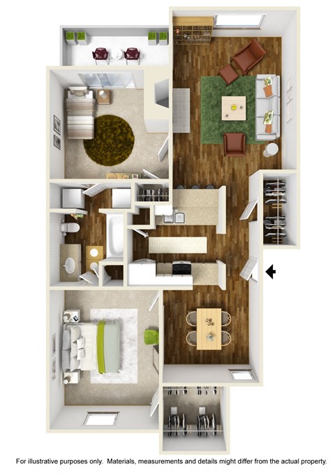 A4 3D Floor Plan with Example Furniture Layout  at Noel on the Parkway Apartments in Dallas, Texas, TX