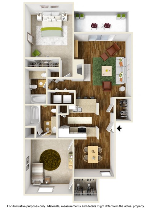 B1 Floor Plan with Example Furniture Layout at Noel on the Parkway Apartments in Dallas, Texas, TX