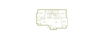 F floor plan 1105-1115sqft, 2 bed 2 bath, at On The Green apartments in Austin, TX