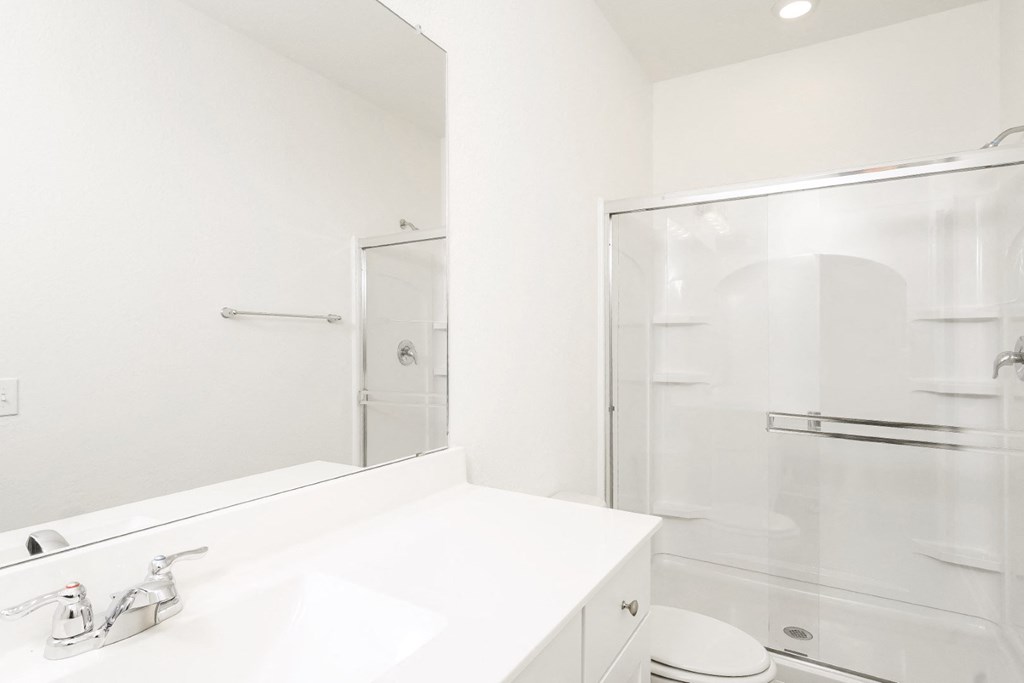 Master bathroom with a sink toilet and shower with glass door  in Oak Floor at Beacon at Clinton Corners in Dade City, FL