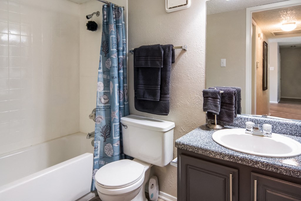 a bathroom with a toilet sink and tub and a mirror