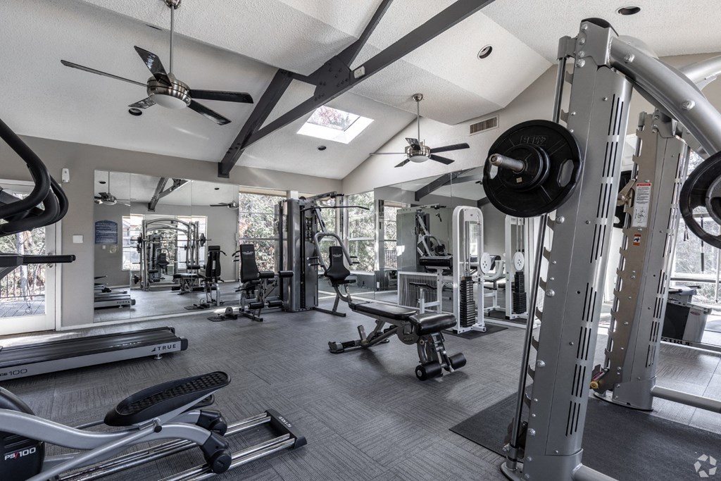 A gym with a variety of equipment including a weight bench, a barbell, and a squat rack at Preston Oaks Apartments in Dallas, TX.