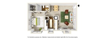 3D Floor Plan with Furniture of A2  at The Park on Preston Apartments in Dallas, TX