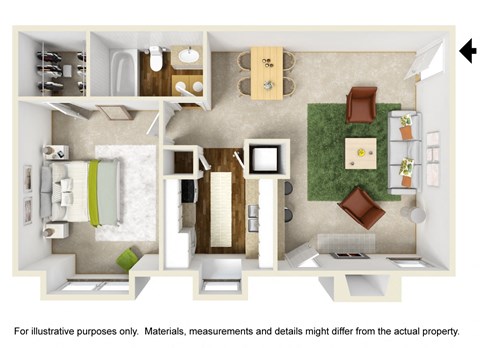 3D Floor Plan with Furniture of A2  at The Park on Preston Apartments in Dallas, TX