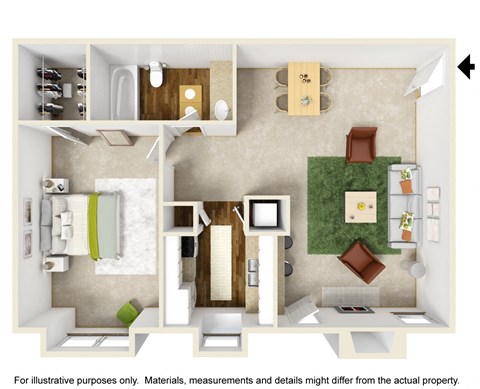 3D Furnished Floor Plan of A3 at The Park on Preston Apartments in Dallas, TX