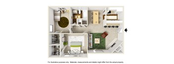 Furnished 3D Drawing of B1 Floor Plan at The Park on Preston Apartments in Dallas, TX