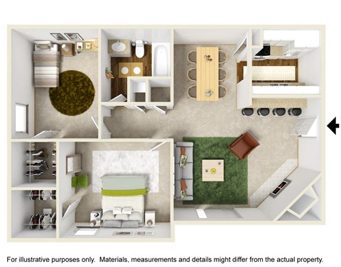 Furnished 3D Drawing of B1 Floor Plan at The Park on Preston Apartments in Dallas, TX