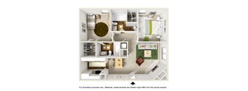 3D Drawing with Furniture of B2 Floor Plan at The Park on Preston Apartments in Dallas, TX