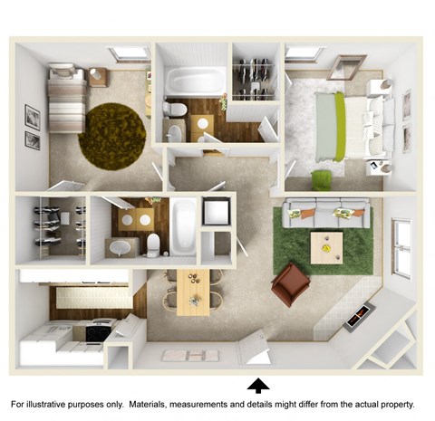 3D Drawing with Furniture of B2 Floor Plan at The Park on Preston Apartments in Dallas, TX