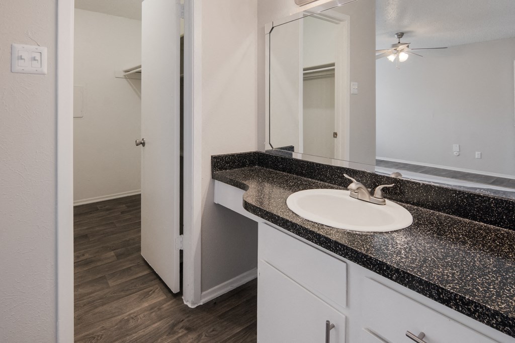 Bathroom Sink and Closet at Preston Villas Apartment Homes, Dallas, Texas, TX