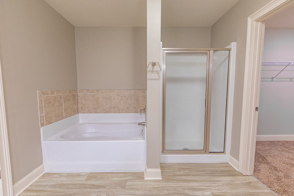 Bathroom with Stand-Alone Shower at Parkside Grand Apartments in Pensacola, FL