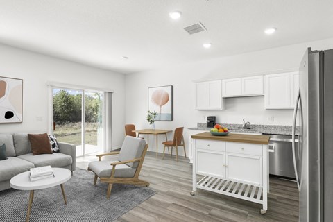 living room with white cabinets and grey couch