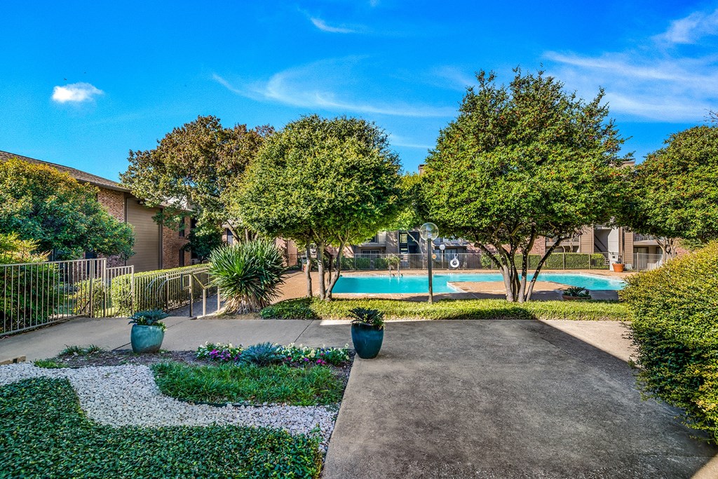 a backyard with a swimming pool and trees