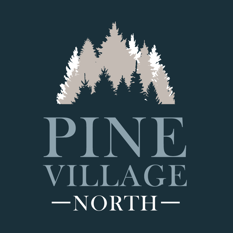 A graphic of pine trees with the words "Pine Village - North" below it.