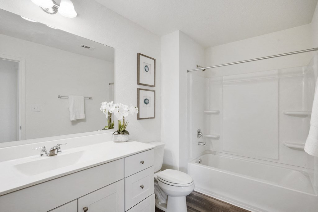 a bathroom with a white sink and toilet next to a white bathtub