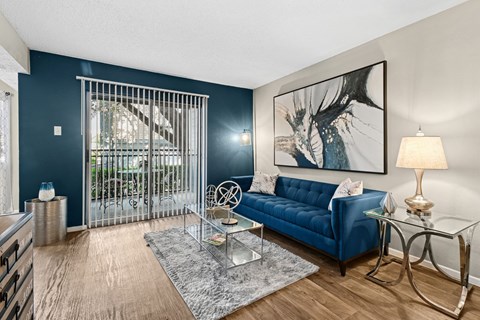 Model unit living room at Rock Creek in Dallas, TX
