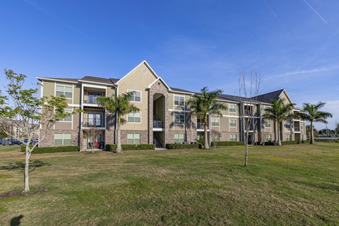 a row of apartment buildings with green grass and palm trees