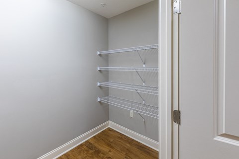 an empty closet in a home with white walls and a wood floor