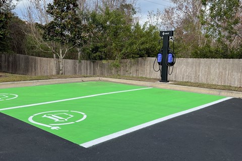 a basketball court is painted green in the middle of a driveway