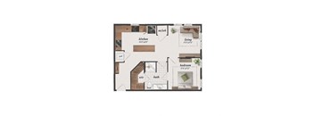 1 bedroom, 1 bathroom, 690 square feet A2C floorplan at St. Elmo Apartments in Austin, TX
