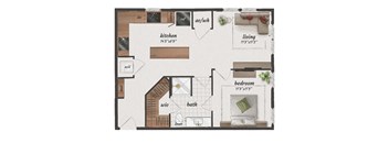 1 bedroom, 1 bathroom, 690 square feet A2C floorplan at St. Elmo Apartments in Austin, TX
