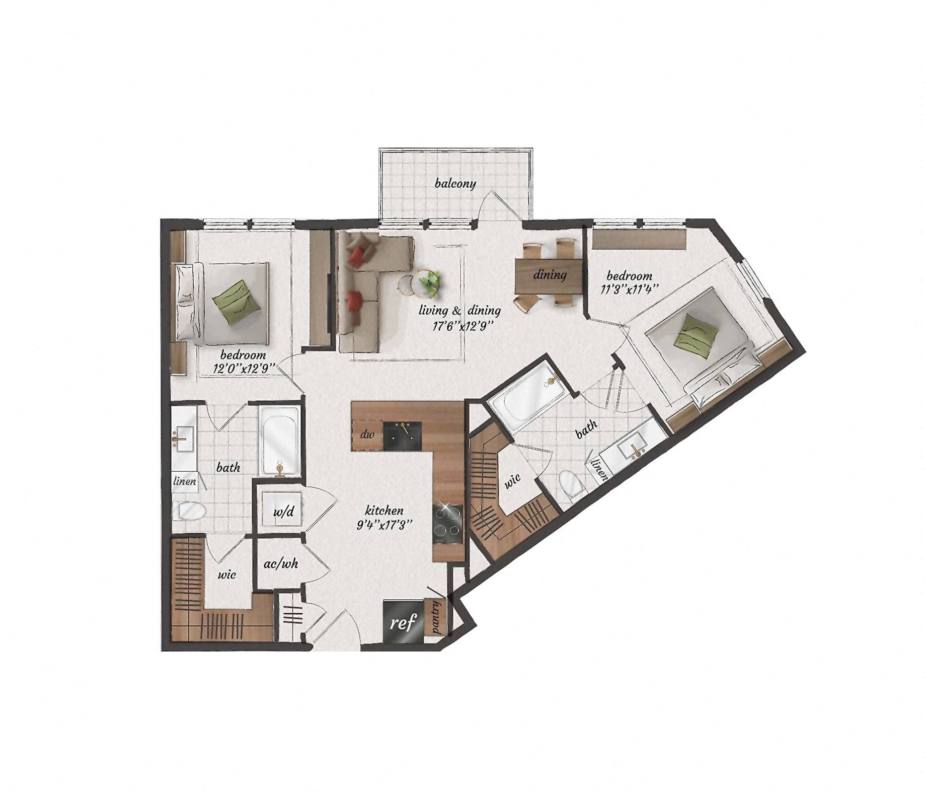 2 Bedroom, 2 Bathroom, 1020 Square Feet - B2 Floorplan at St. Elmo Apartments in Austin, TX